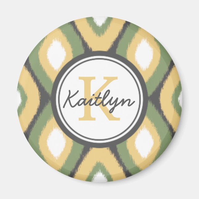 Monogram Ikat Diamonds Pattern Sage Yellow Magnet (Front)