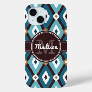 Monogram Ikat Pattern Blue and Brown iPhone 15 Case
