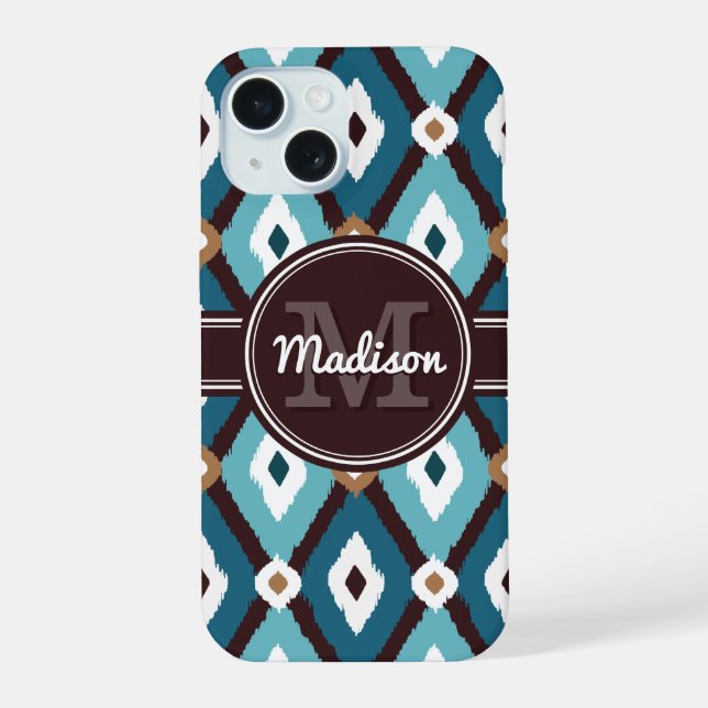 Monogram Ikat Pattern Blue and Brown iPhone 15 Case (Back)