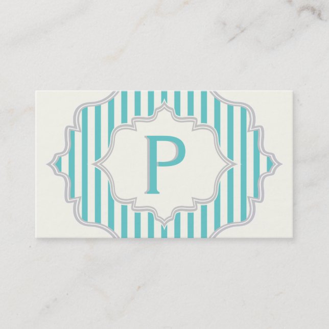 Monogram in a frame with aqua, white stripes business card (Front)