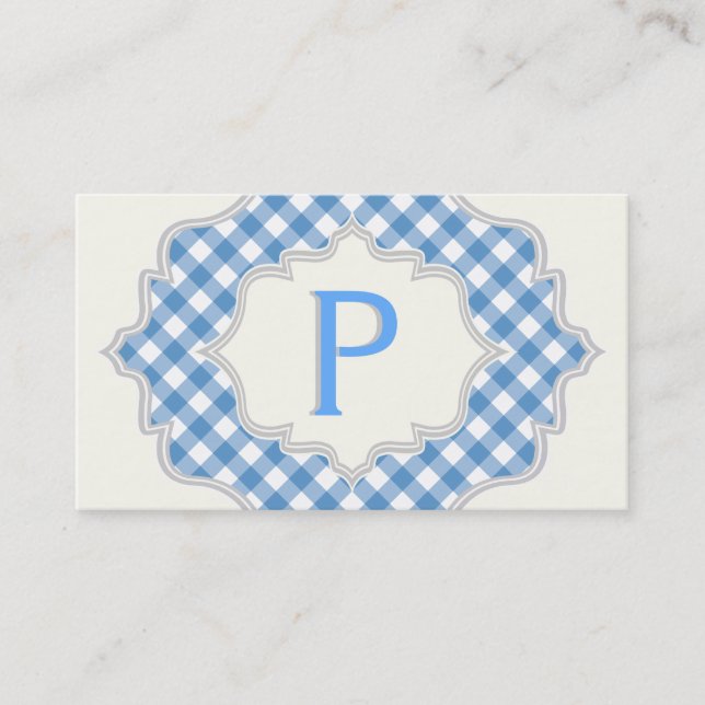 Monogram in a frame with blue, white gingham business card (Front)