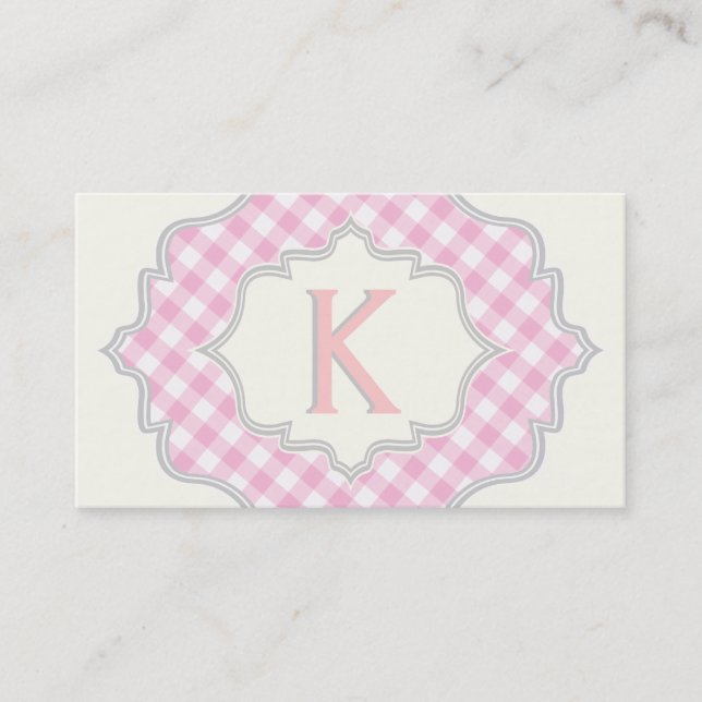 Monogram in a frame with pink, white gingham business card (Front)