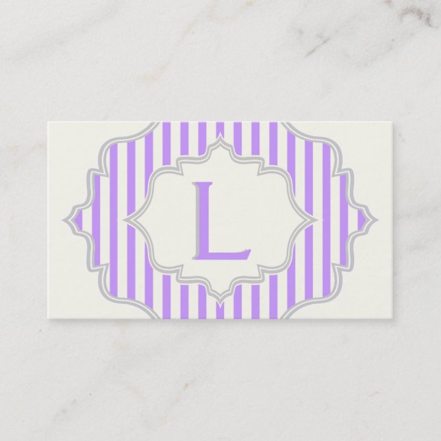 Monogram in a frame with purple, white stripes business card (Front)