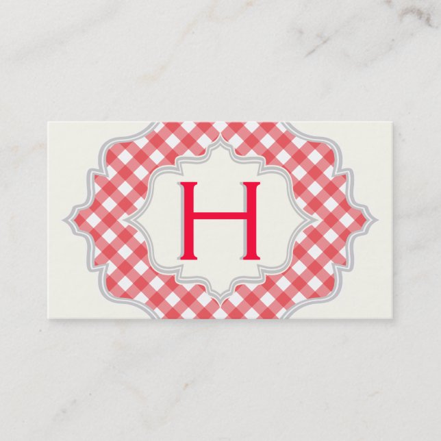 Monogram in a frame with red, white gingham business card (Front)