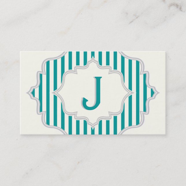 Monogram in a frame with teal, white stripes business card (Front)