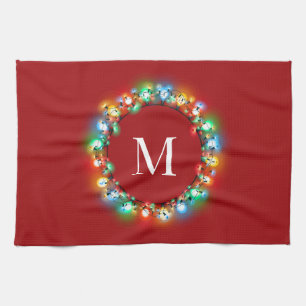 Monogram in Christmas Lights Circle Holiday Tea Towel