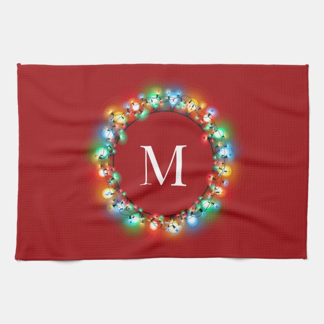 Monogram in Christmas Lights Circle Holiday Tea Towel (Horizontal)