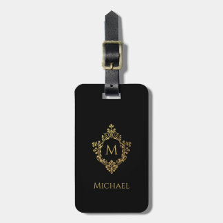 Monogram in Crest Black Elegant Vintage Faux Gold Luggage Tag