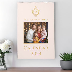 Monogram in Crest Family Photo Pink Gold Vintage Calendar