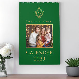 Monogram in Crest Green Gold Family Photo Elegant  Calendar