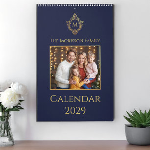 Monogram in Crest Navy & Gold Elegant Family Photo Calendar