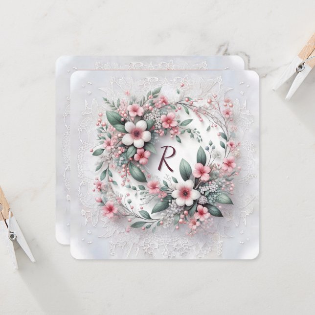 Monogram In Elegant Wedding Floral Wreath Invitation (Front/Back In Situ)
