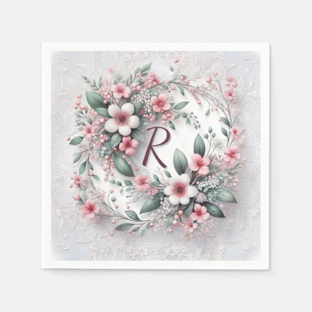 Monogram In Elegant Wedding Floral Wreath Napkin (Front)