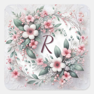 Monogram In Elegant Wedding Floral Wreath Square Sticker