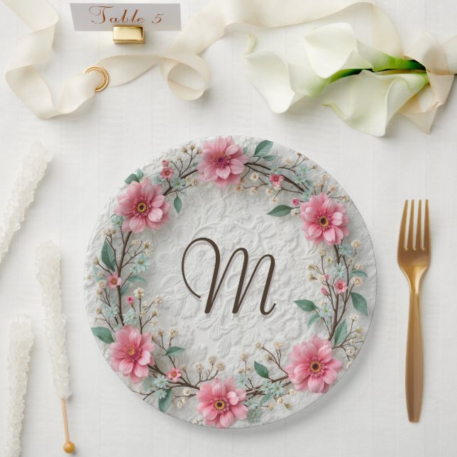 Monogram In Elegant Wreath On Lace Paper Plate (Wedding)