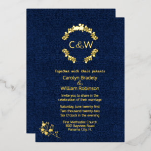 Monogram in Floral Wreath Blue Damask Wedding