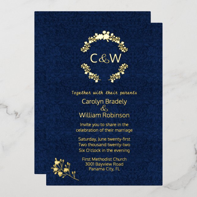 Monogram in Floral Wreath Blue Damask Wedding  (Front/Back)