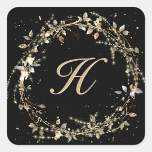 Monogram In Gold Glowing Wreath On Black Square Sticker