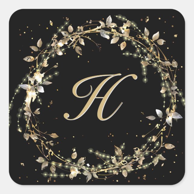 Monogram In Gold Glowing Wreath On Black  Square Sticker (Front)
