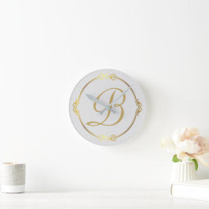 Monogram in gold with infinity circle on Gray   Round Clock