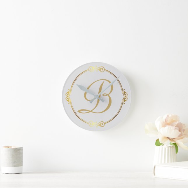 Monogram in gold with infinity circle on Gray | Round Clock (Home)