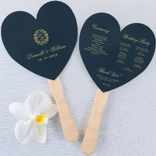 Monogram in Gold Wreath Blue Heart Wedding Program Hand Fan