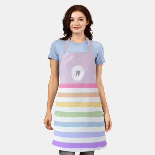 Monogram in White Circle Pastel Rainbow Stripes Apron