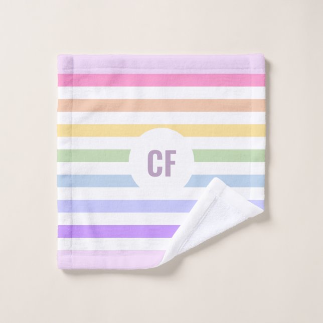Monogram in White Circle Pastel Rainbow Stripes Bath Towel Set (Wash Cloth)