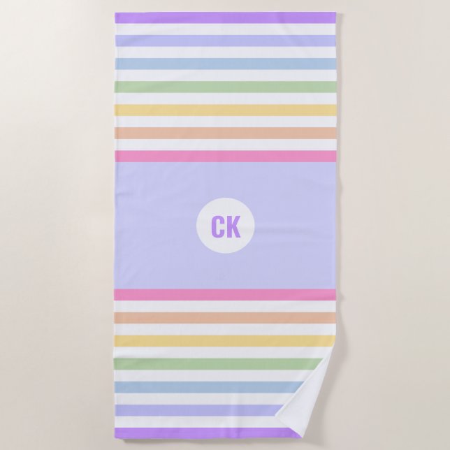 Monogram in White Circle Pastel Rainbow Stripes Beach Towel (Front)