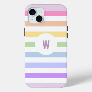 Monogram in White Circle Pastel Rainbow Stripes iPhone 15 Mini Case