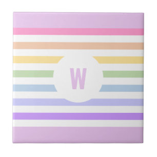 Monogram in White Circle Pastel Rainbow Stripes Ceramic Tile