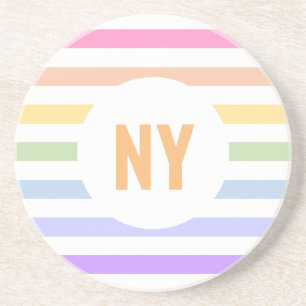 Monogram in White Circle Pastel Rainbow Stripes Coaster