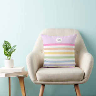 Monogram in White Circle Pastel Rainbow Stripes Cushion
