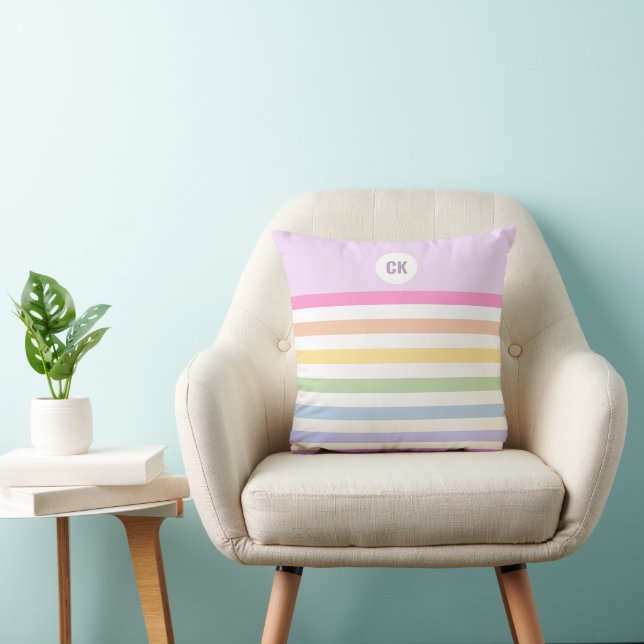 Monogram in White Circle Pastel Rainbow Stripes Cushion (Chair)