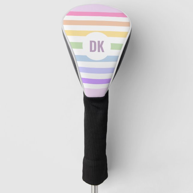 Monogram in White Circle Pastel Rainbow Stripes Golf Head Cover (Front)