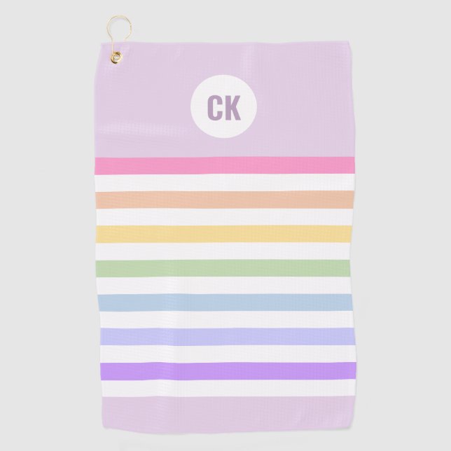 Monogram in White Circle Pastel Rainbow Stripes Golf Towel (Front)