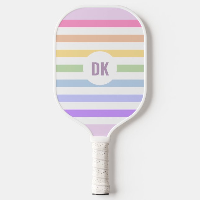 Monogram in White Circle Pastel Rainbow Stripes Pickleball Paddle (Front)