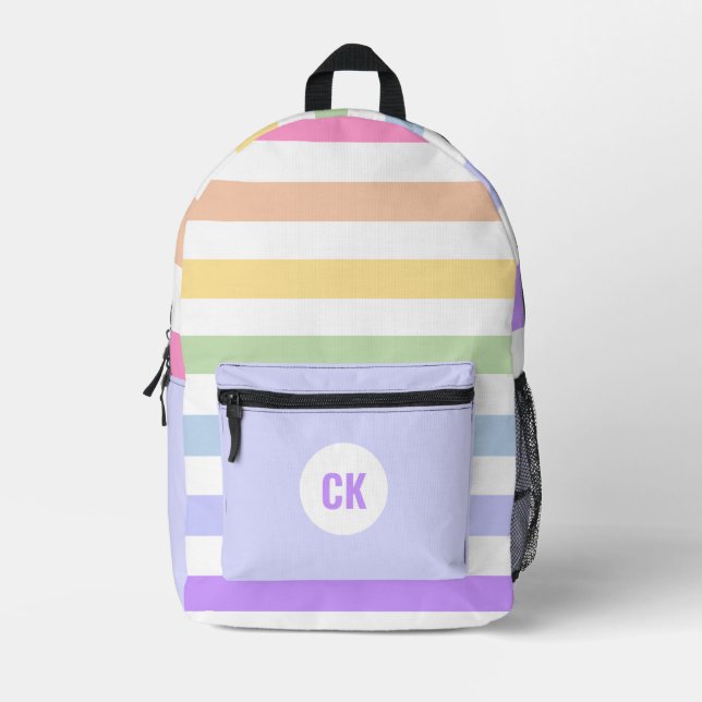 Monogram in White Circle Pastel Rainbow Stripes Printed Backpack (Front)