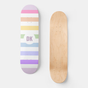 Monogram in White Circle Pastel Rainbow Stripes Skateboard