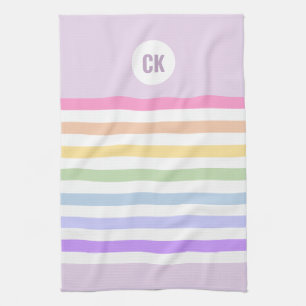 Monogram in White Circle Pastel Rainbow Stripes Tea Towel