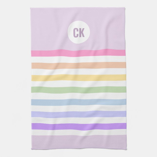 Monogram in White Circle Pastel Rainbow Stripes Tea Towel (Vertical)