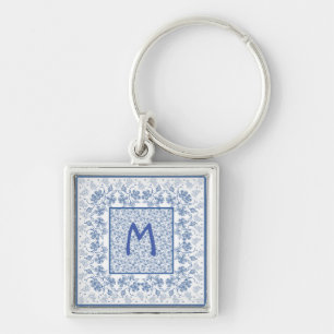 Monogram Indigo Blue Floral Border Keychain