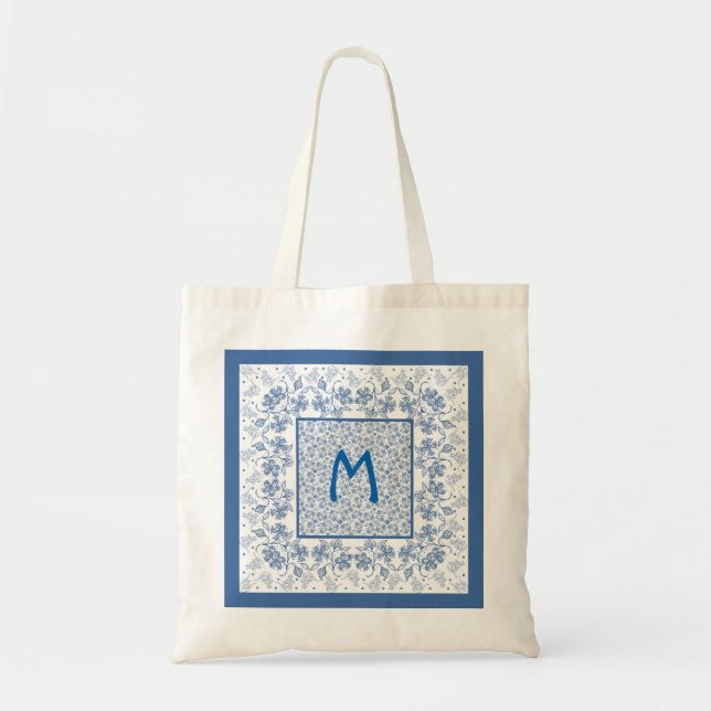 Monogram Indigo Blue Floral Border Tote Bag (Front)