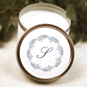 Monogram Indigo Blue Wreath Classic Script Wedding Round Sticker