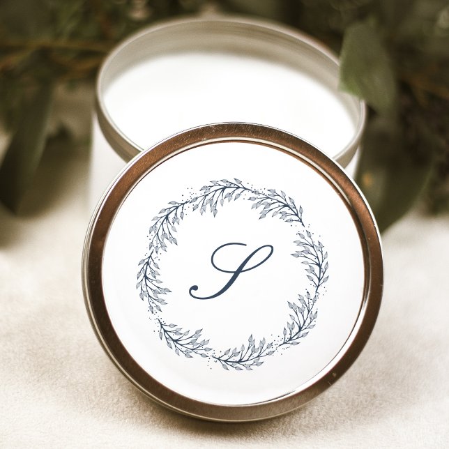 Monogram Indigo Blue Wreath Classic Script Wedding Round Sticker (Creator Uploaded)