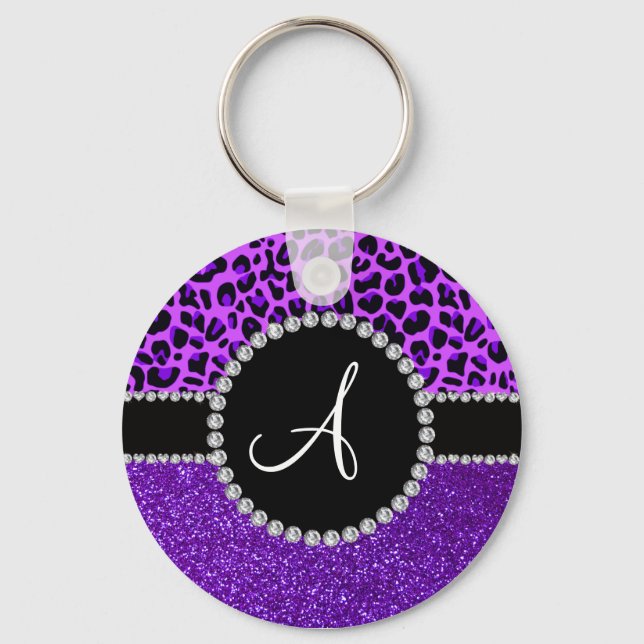 Monogram indigo purple glitter neon purple leopard key ring (Front)
