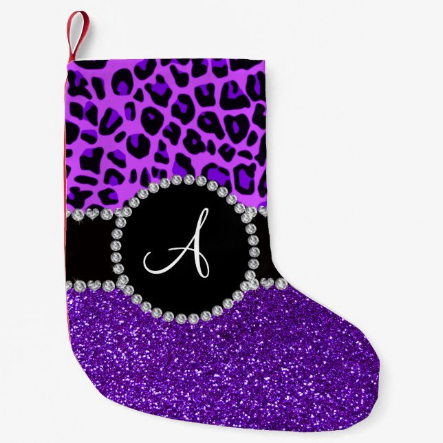 Monogram indigo purple glitter neon purple leopard small christmas stocking (Front)