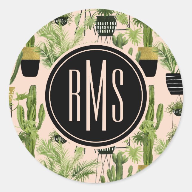 Monogram | Indoor Oasis | Plant Lineup Pattern Classic Round Sticker (Front)