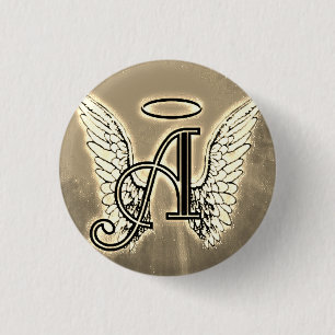 Monogram Initial A, Angel Wings Gold 3 Cm Round Badge