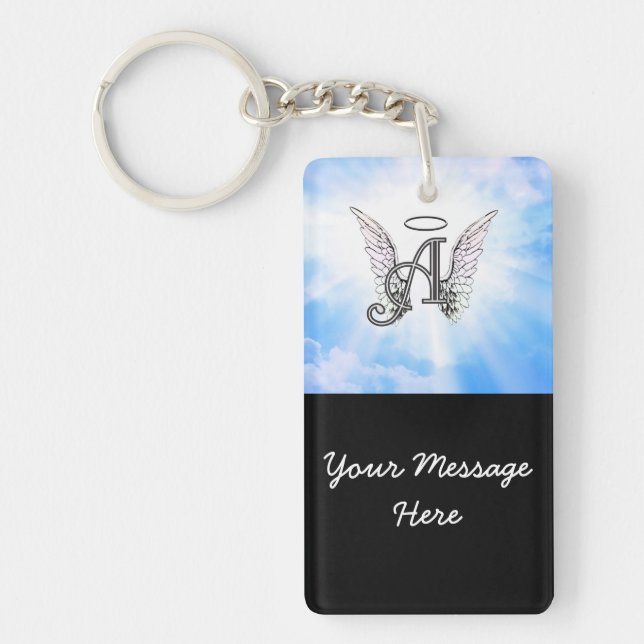 Monogram Initial A, Angel Wings & Halo w/ Clouds Key Ring (Front)